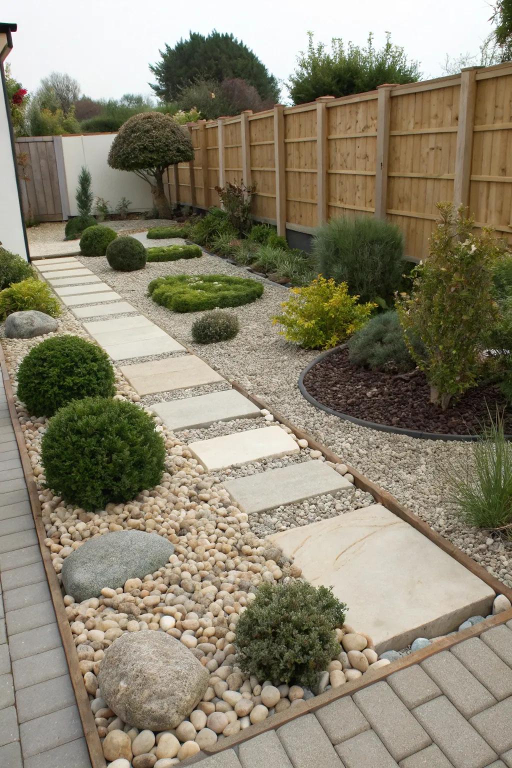 A low-maintenance garden featuring a clean rock and stone fragments design.