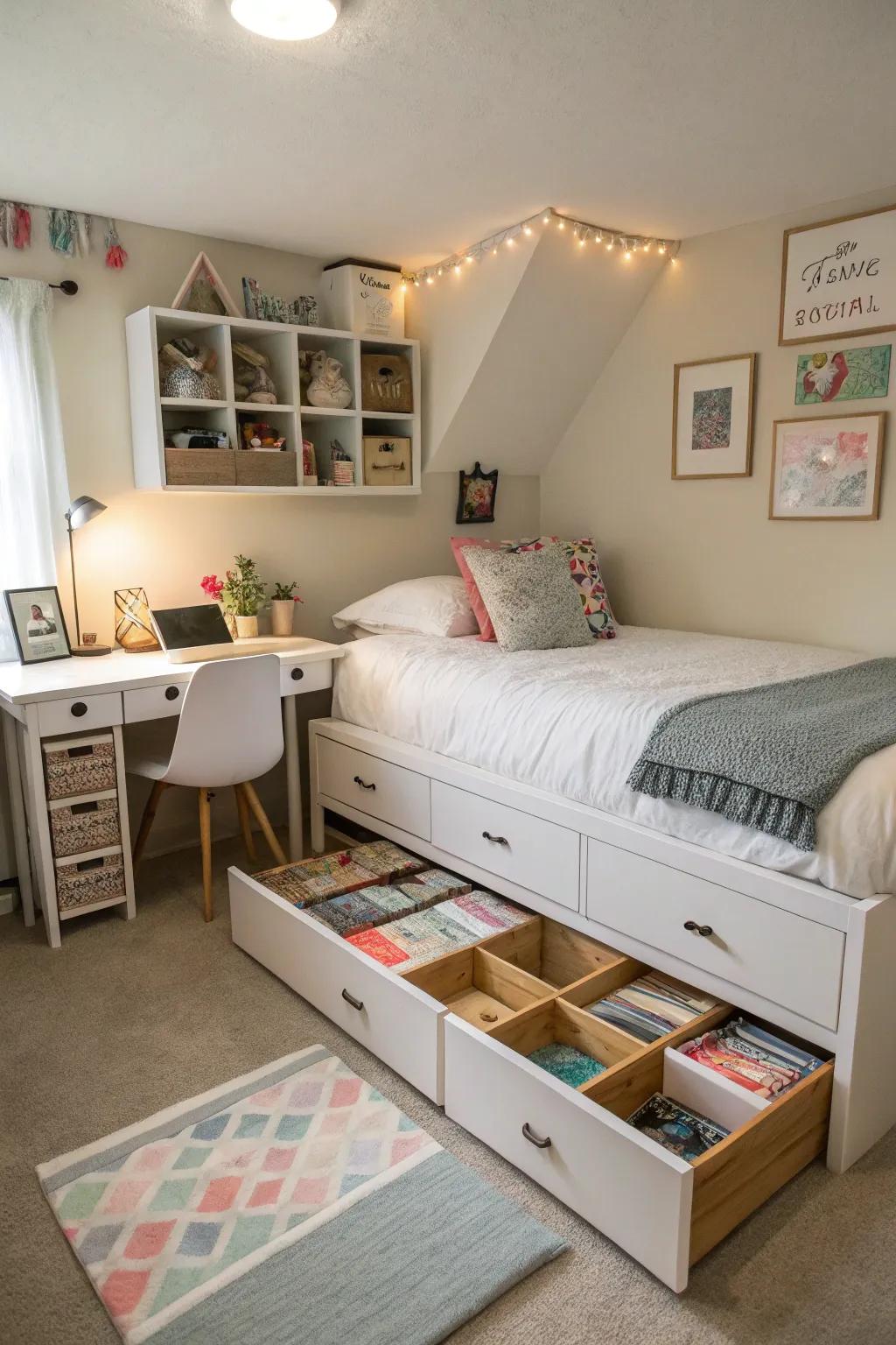 Under-bed storage solutions maintain a tidy and organized room.