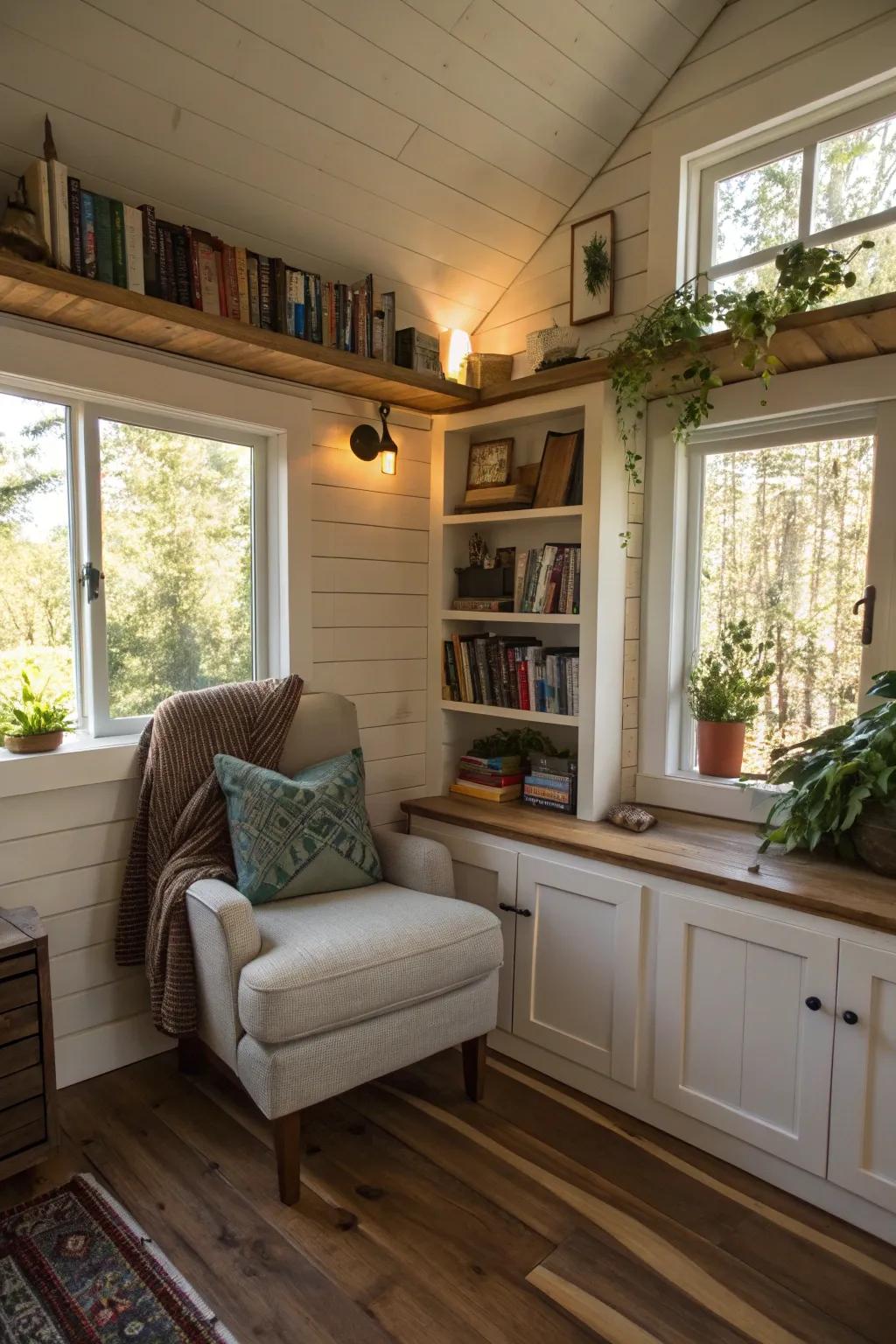 A cozy reading nook offers a peaceful retreat in small homes.