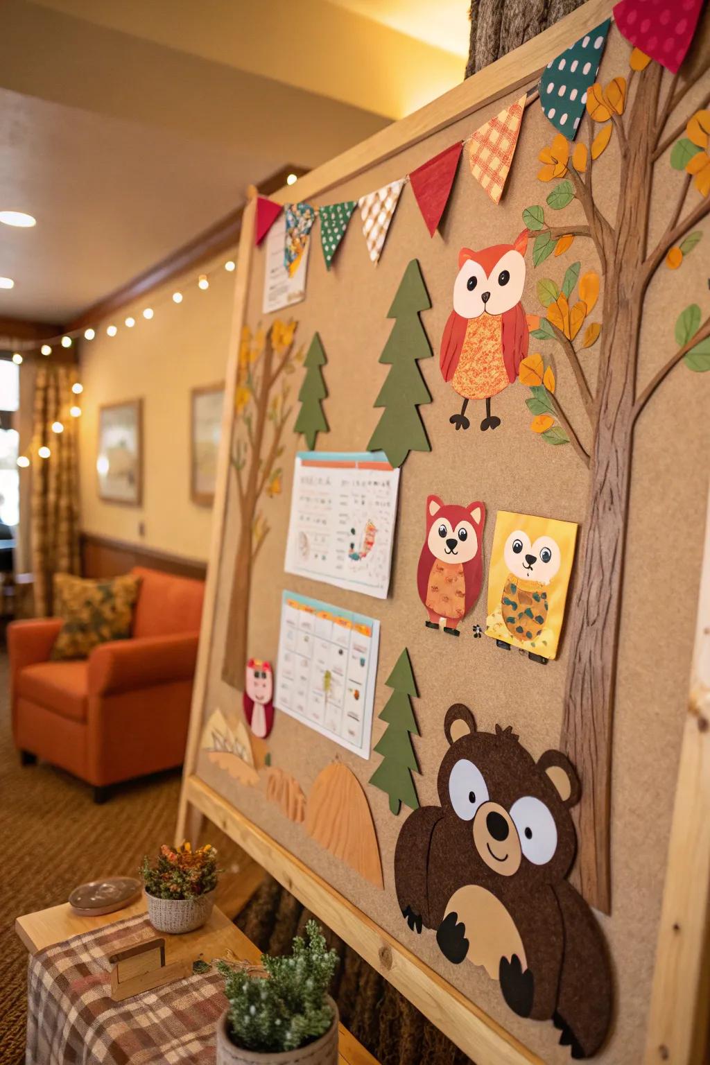 Forest creatures add a whimsical and lively touch.