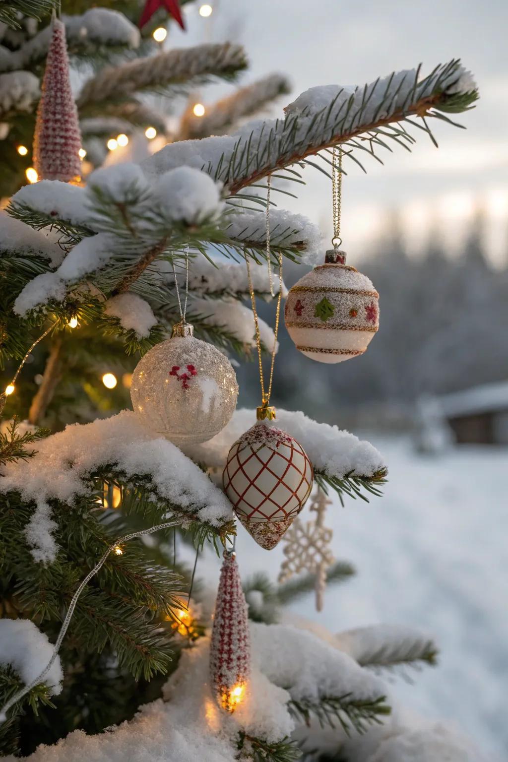 Vintage-inspired decorations adding charm and nostalgia to a snowy Christmas tree.