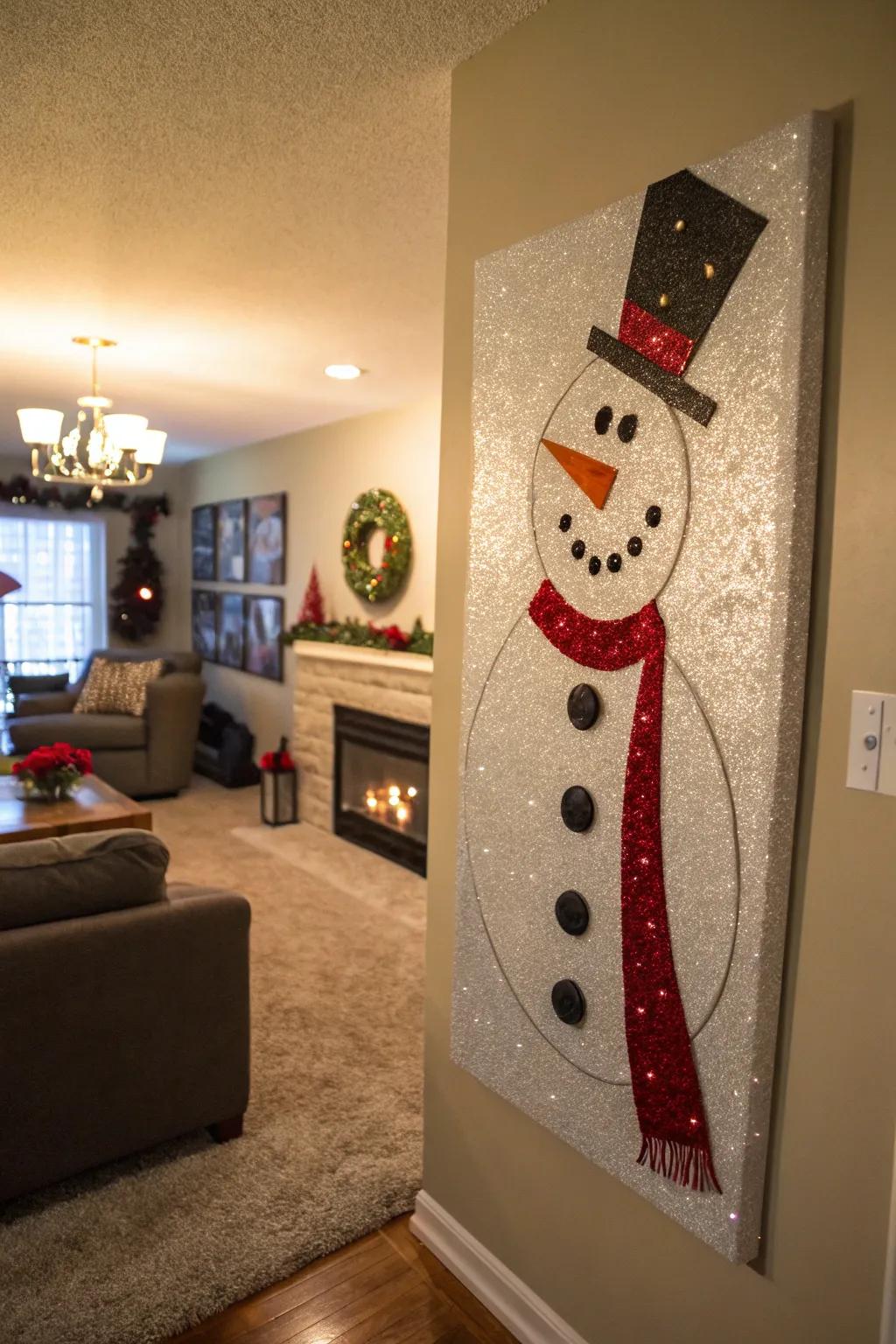 Snowman wall art adds a splash of seasonal charm.