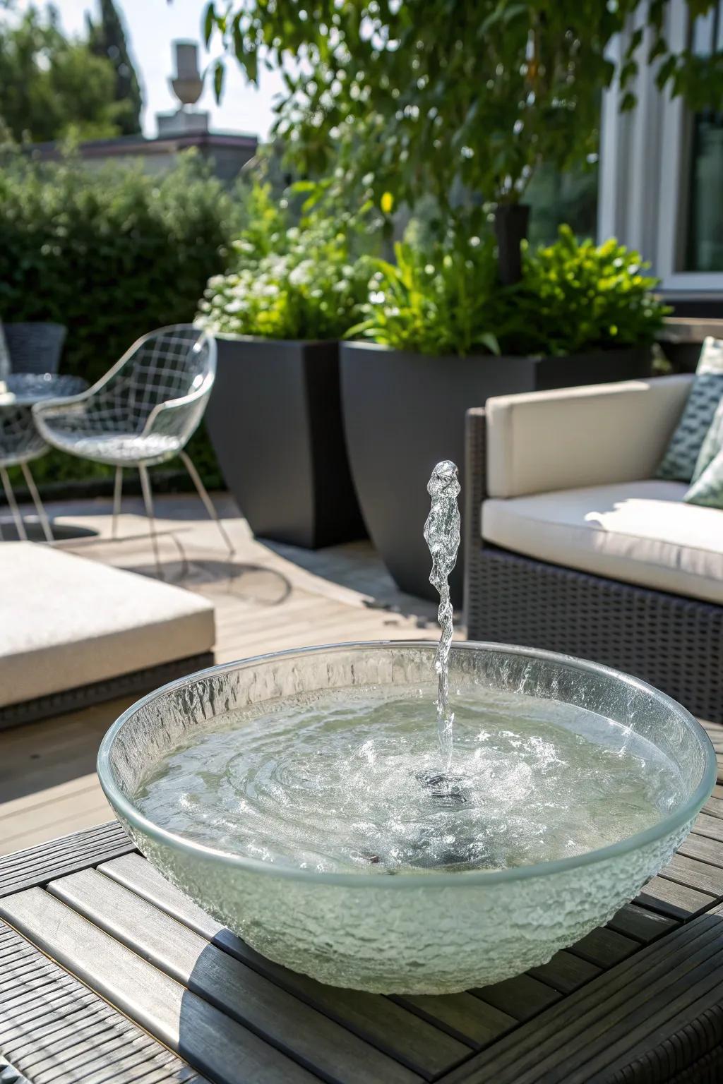 A modern, elegant solar fountain in a clear glass bowl.