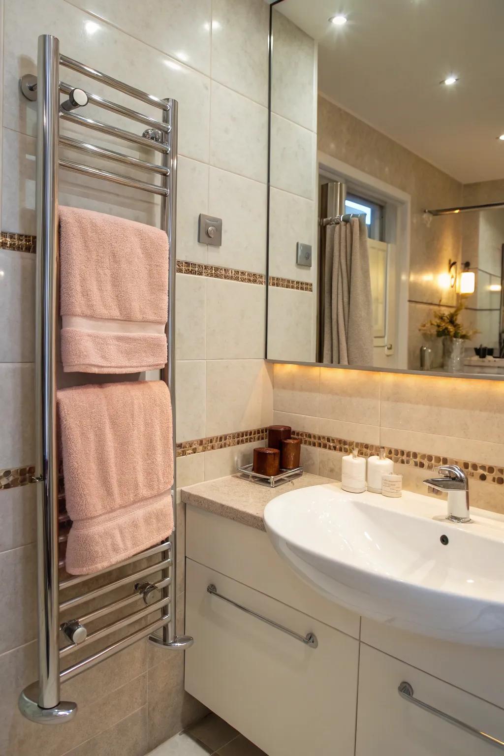 Enjoy the luxury of warm towels with a heated towel rack.