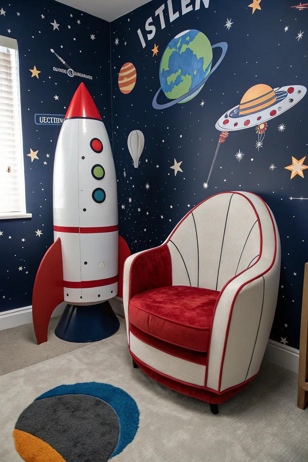 Rocket-shaped furnishings contribute playfulness and adventure.
