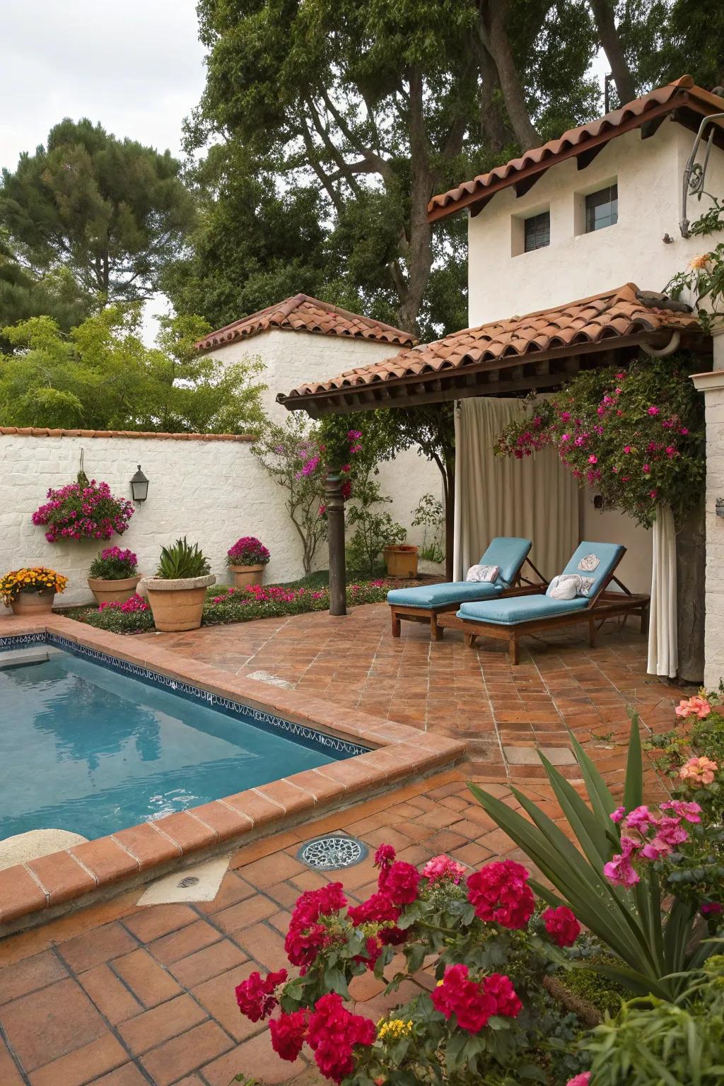 A daybed offers a perfect spot for relaxation in this Spanish-style backyard.