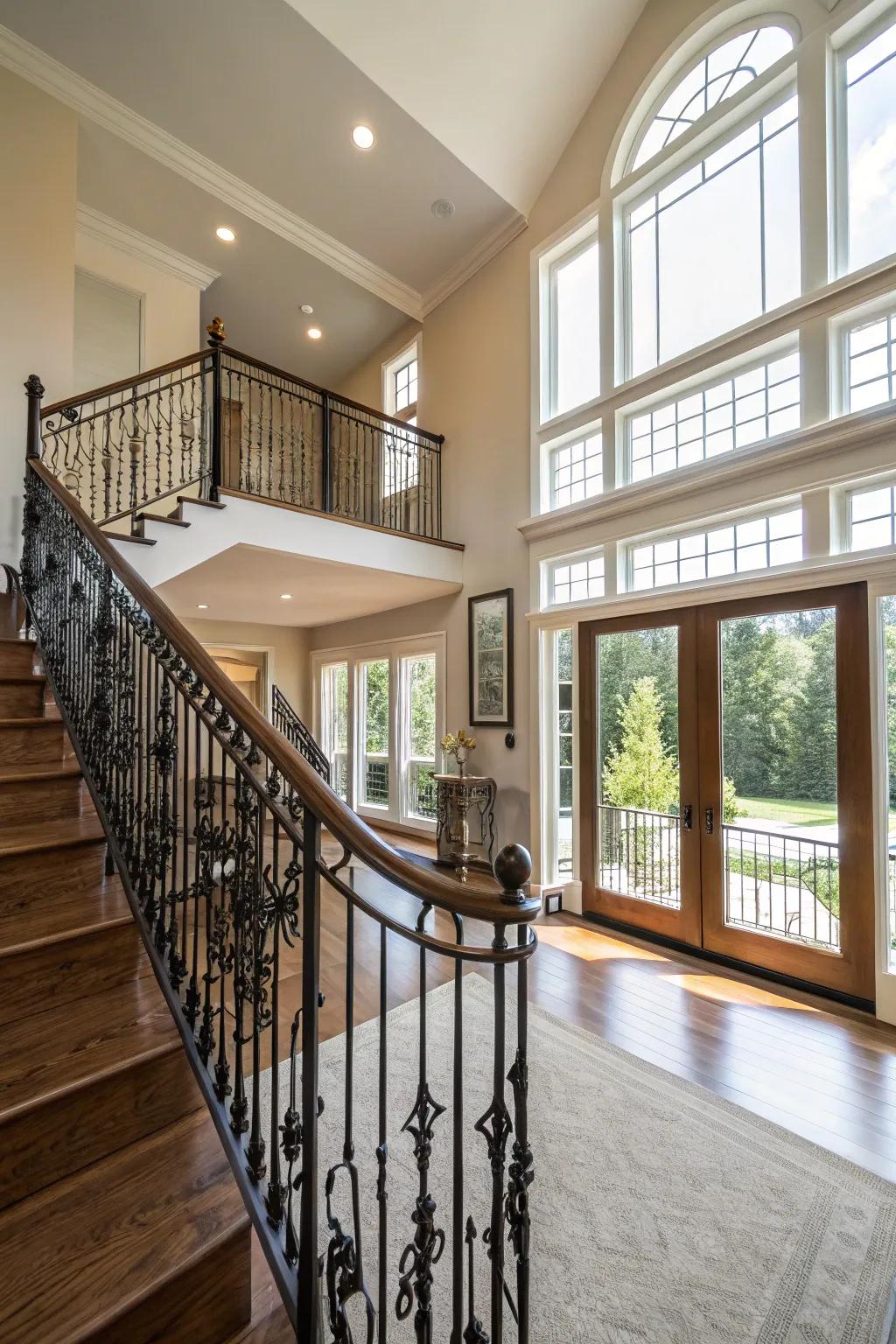 Black iron spindles offer a contemporary cool look in a split-level home.