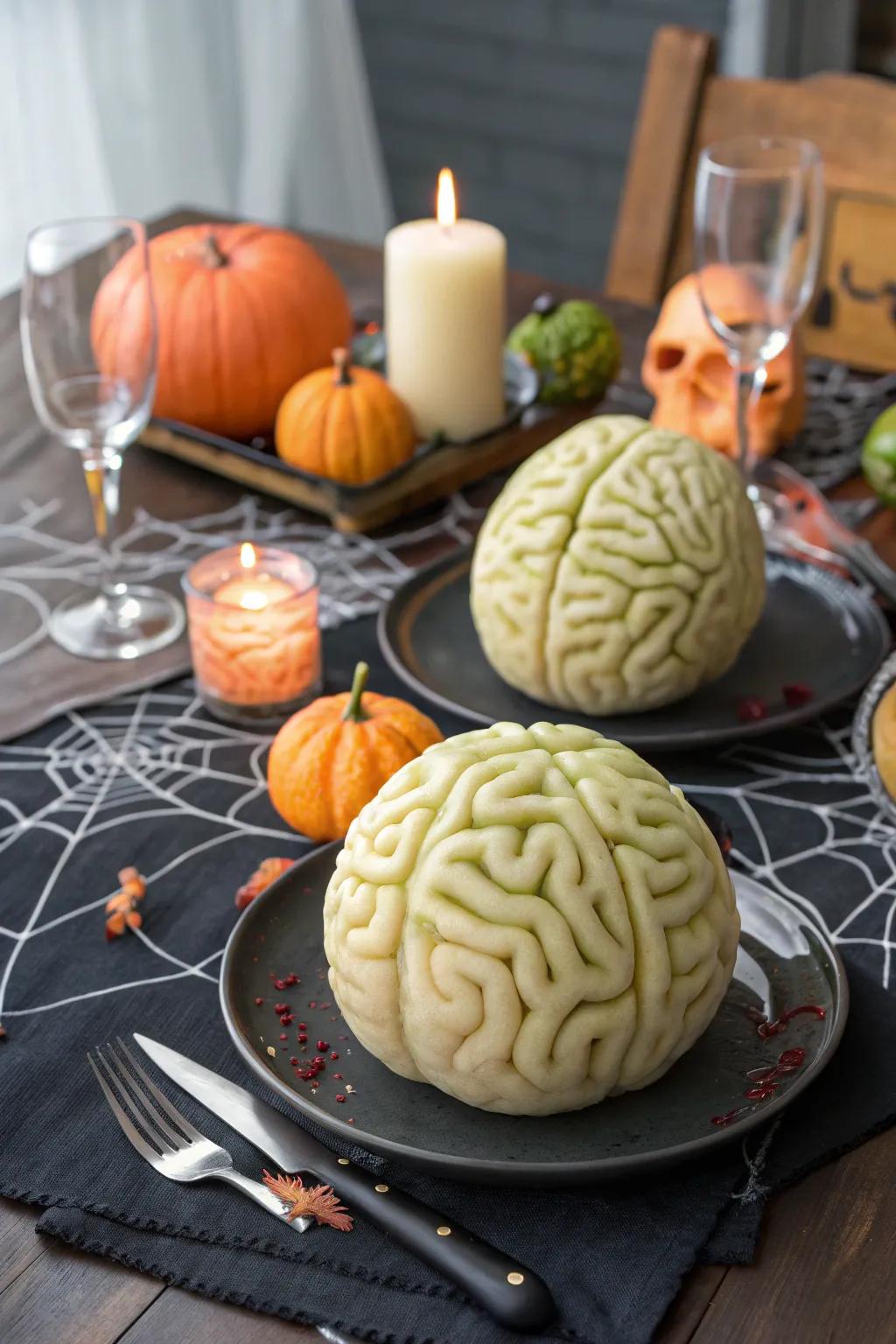 Zombie brain melons presenting a frighteningly fun treat.
