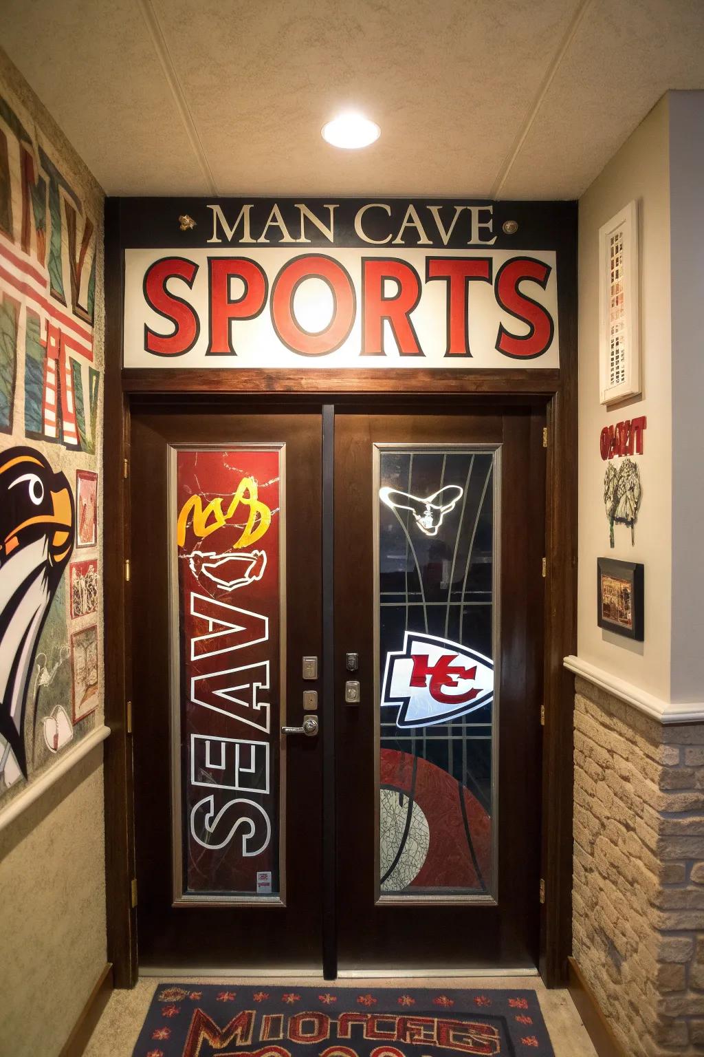 A themed entrance builds excitement for the man cave experience.