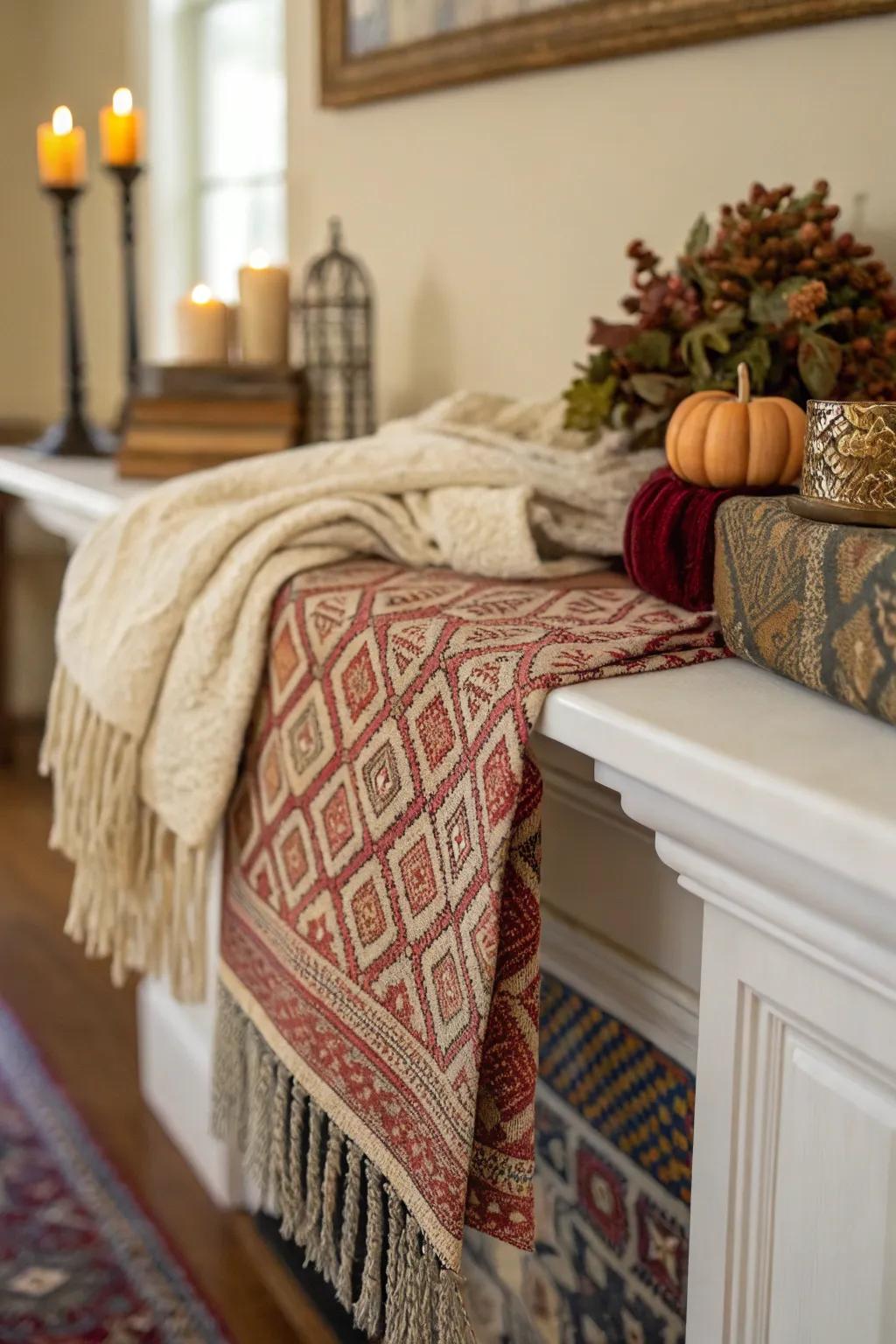 Textiles bring warmth and texture to the mantel décor.