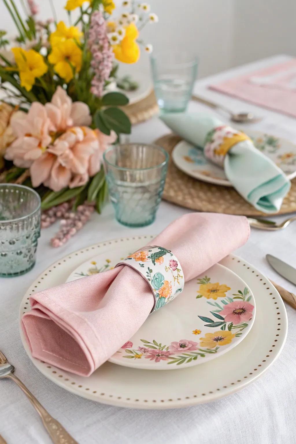 A charming detail is added with spring-themed fabric swatch loops.