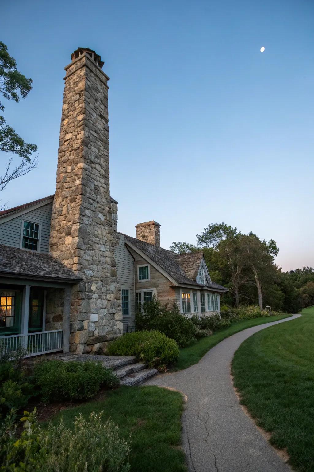 A faux rock panel chimney adds timeless charm to this home.