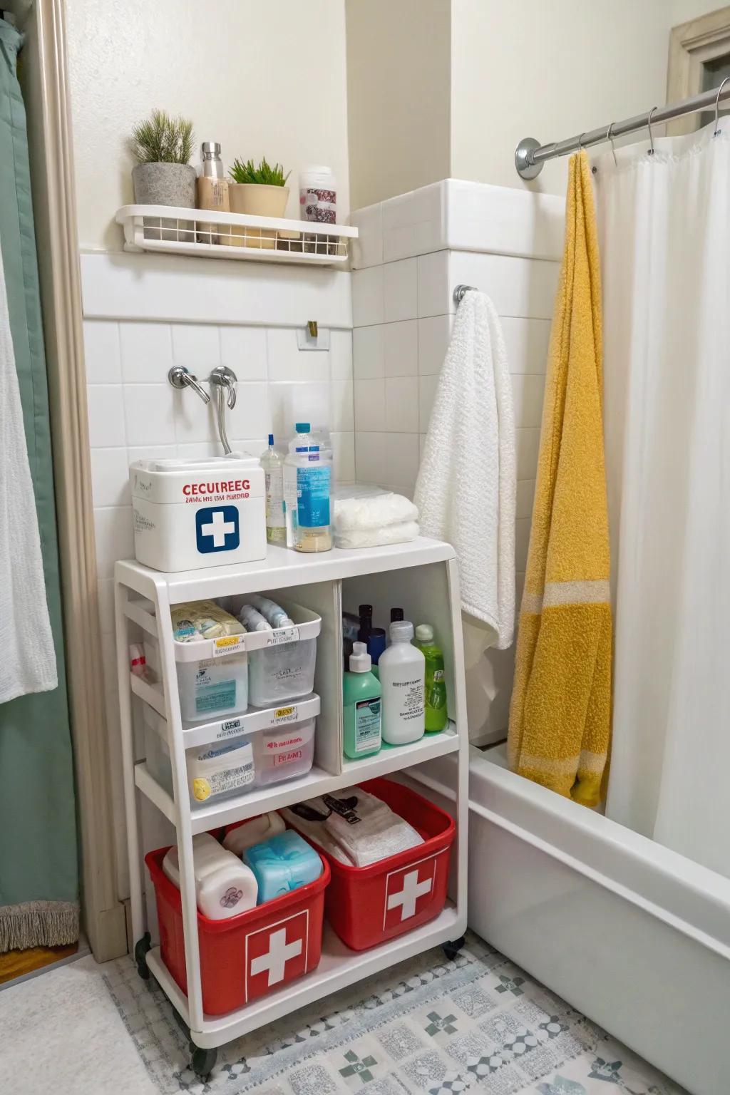 An emergency provision center adds functionality and care to the restroom.