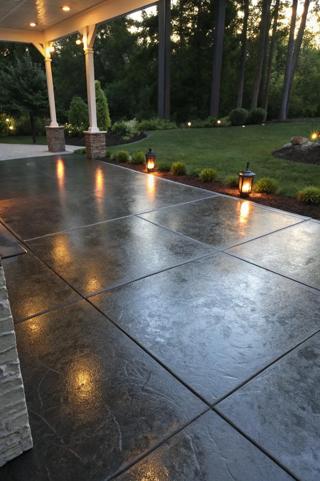 A sleek, glossy finish on a charcoal-stained patio.