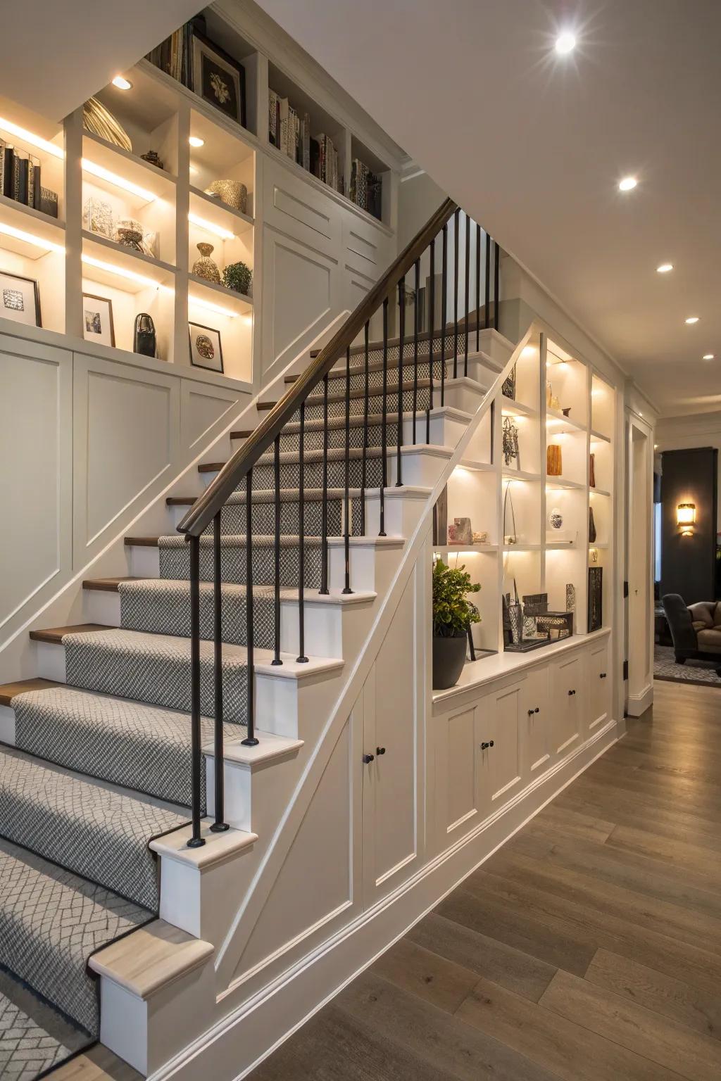 Integrated shelving adds style and functionality.