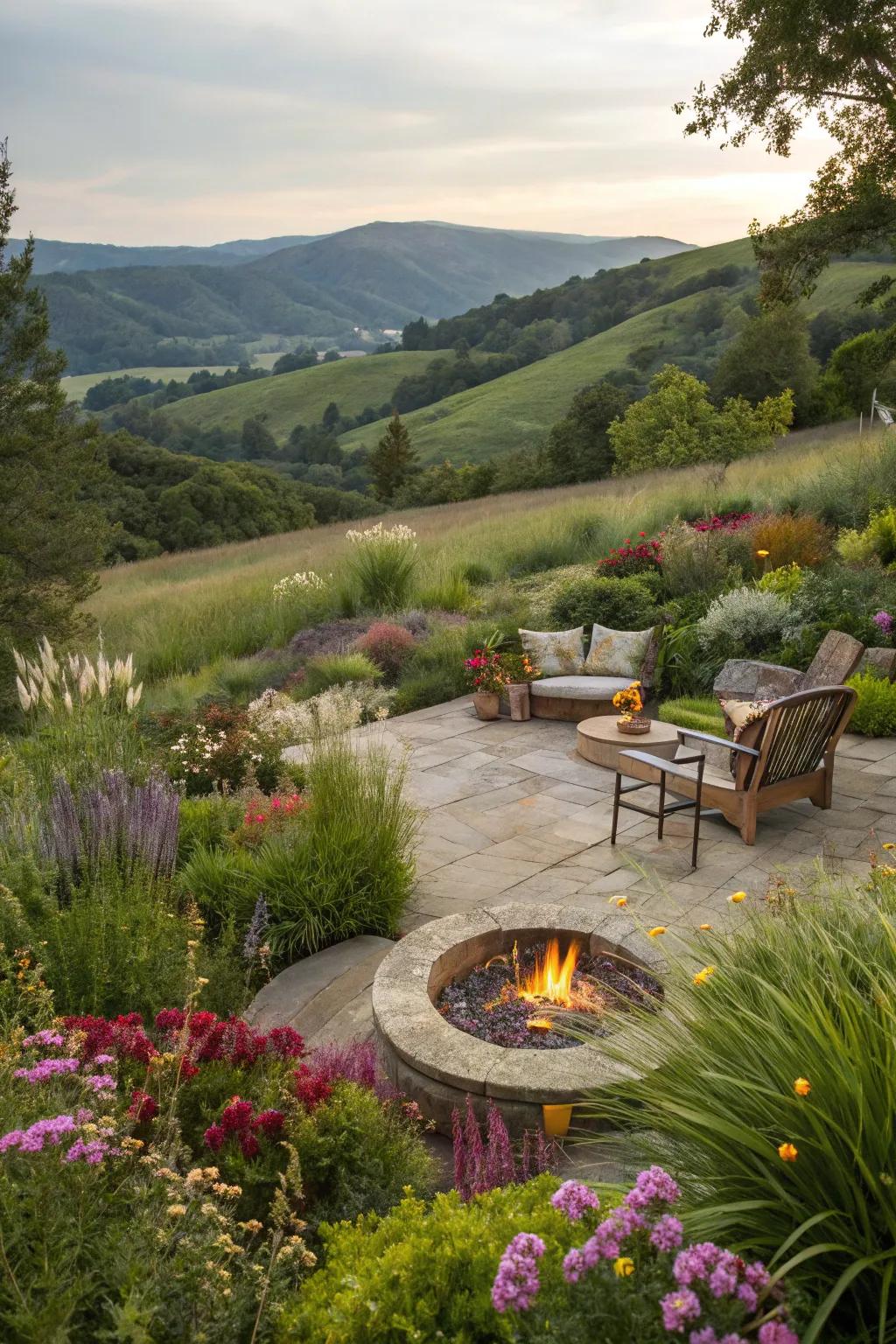 A fire pit transforms into a warm, inviting hillside feature.