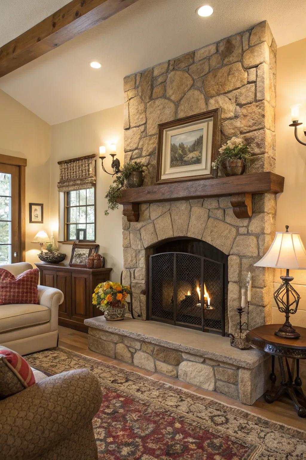A charming area showcases a stone fireplace and a personal collection displayed on the mantel.