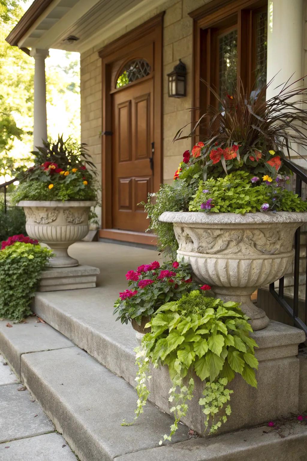 Stone botanical beds enhance the green appeal of the porch.