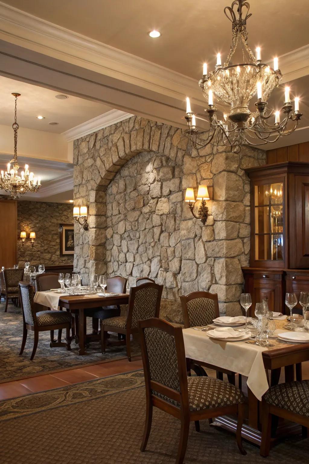 A striking rock wall captivates the dining area.