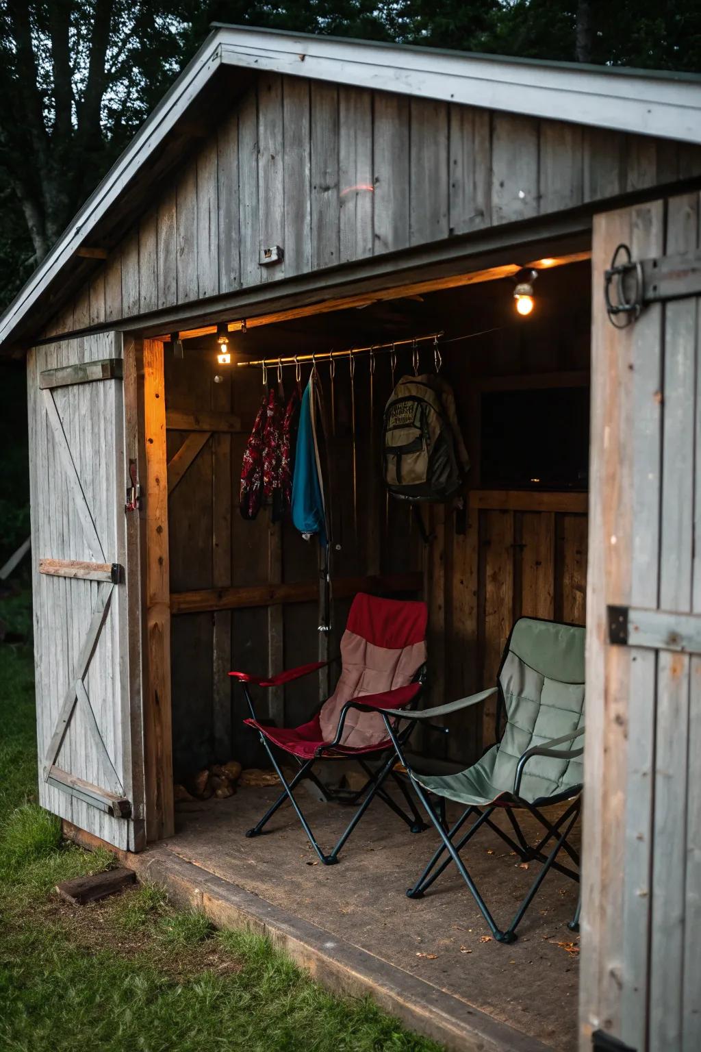 Maximize storage in sheds by suspending chairs from rafters.