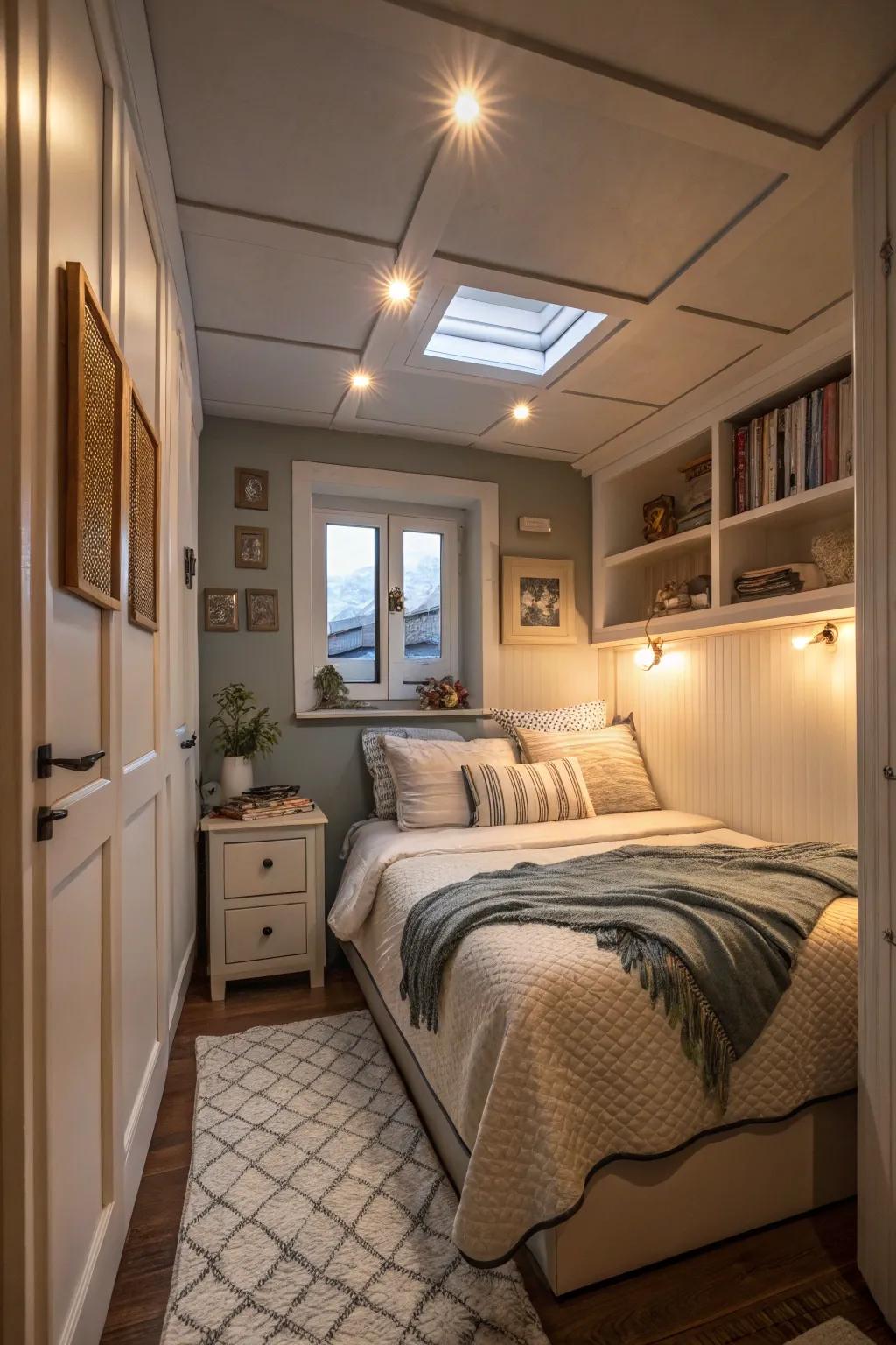 Recessed lighting keeps surfaces clear and inviting.