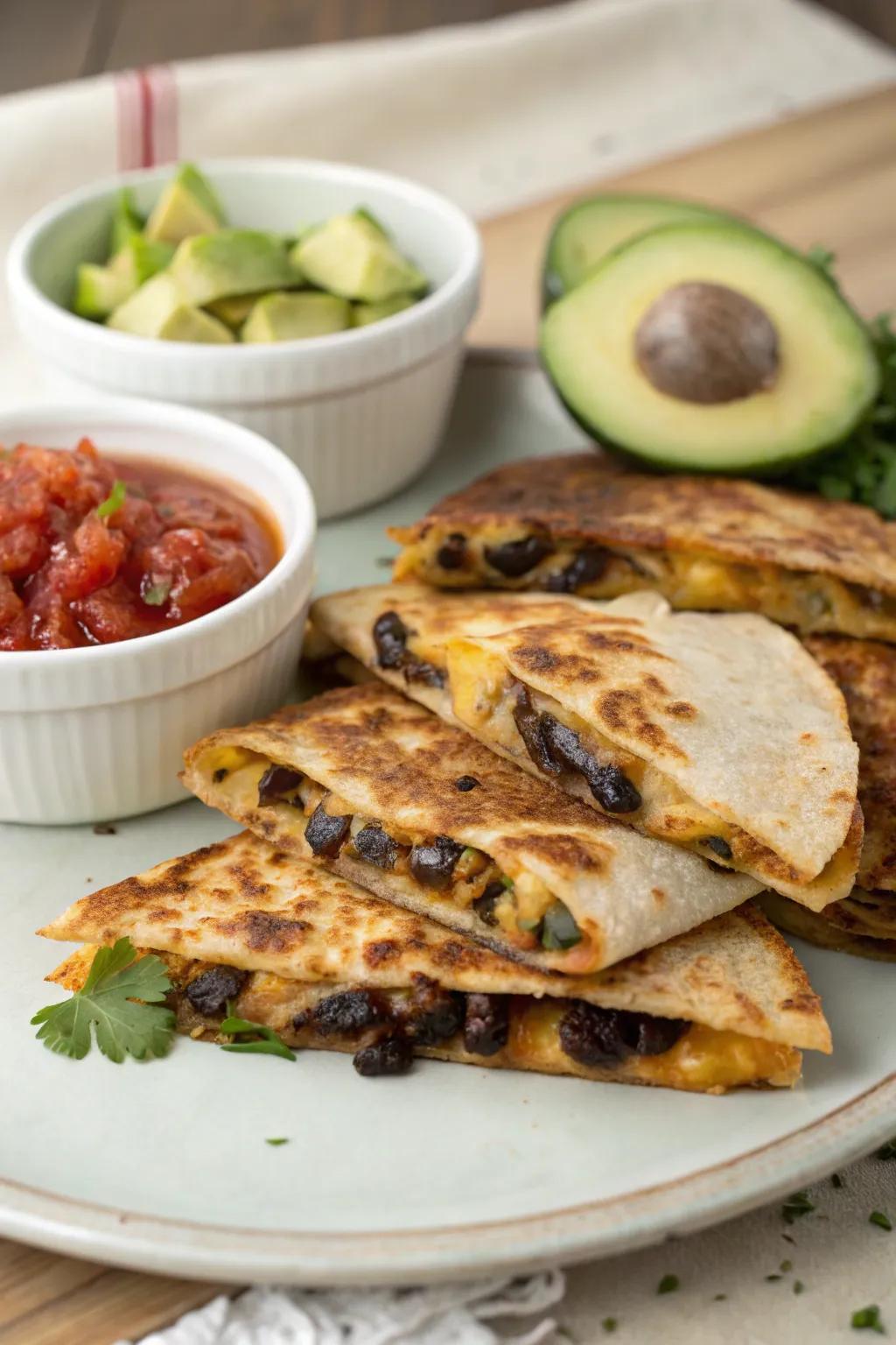 Black bean quesadillas, cheesy and satisfying.