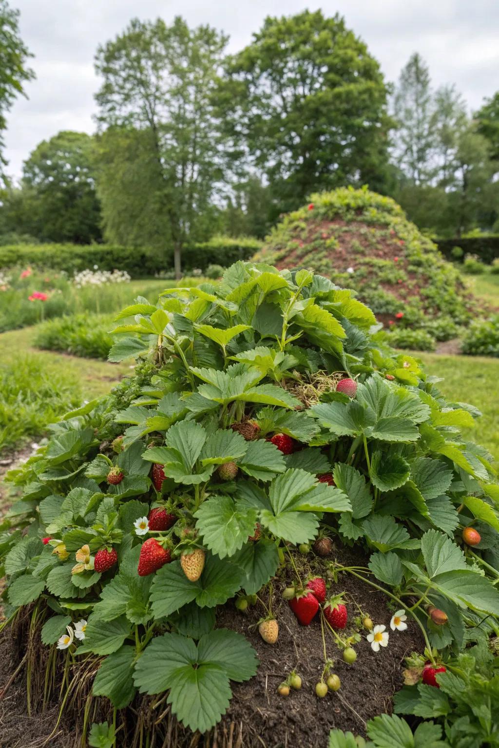Strawberries prospering on a hugelkultur mound.