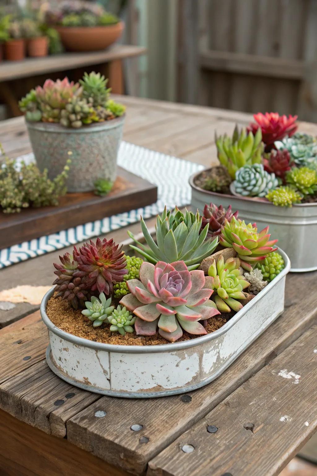An appealing succulent garden in repurposed vintage items.