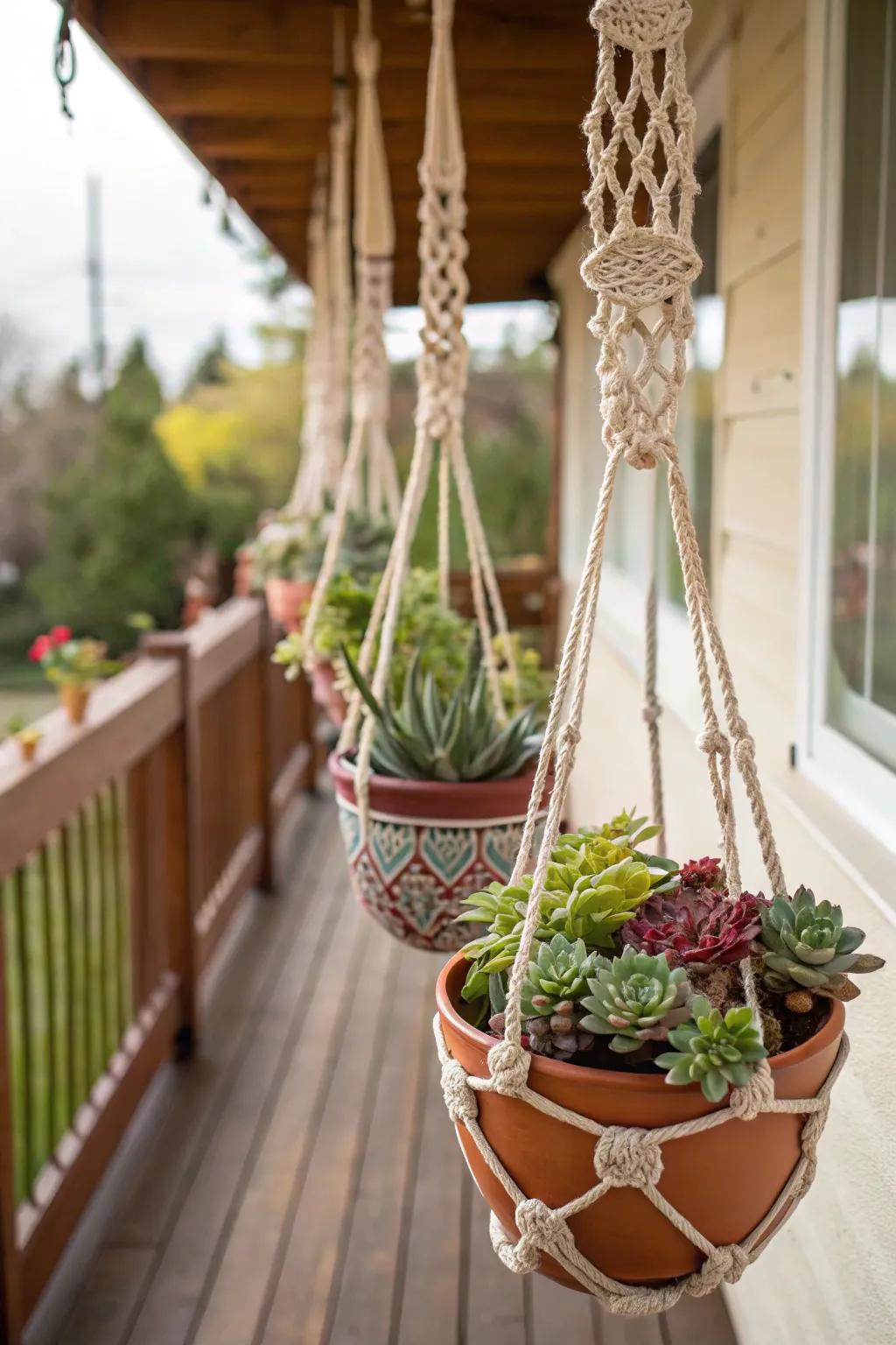 An artistic elevated garden featuring succulents displayed in containers and fiber art.