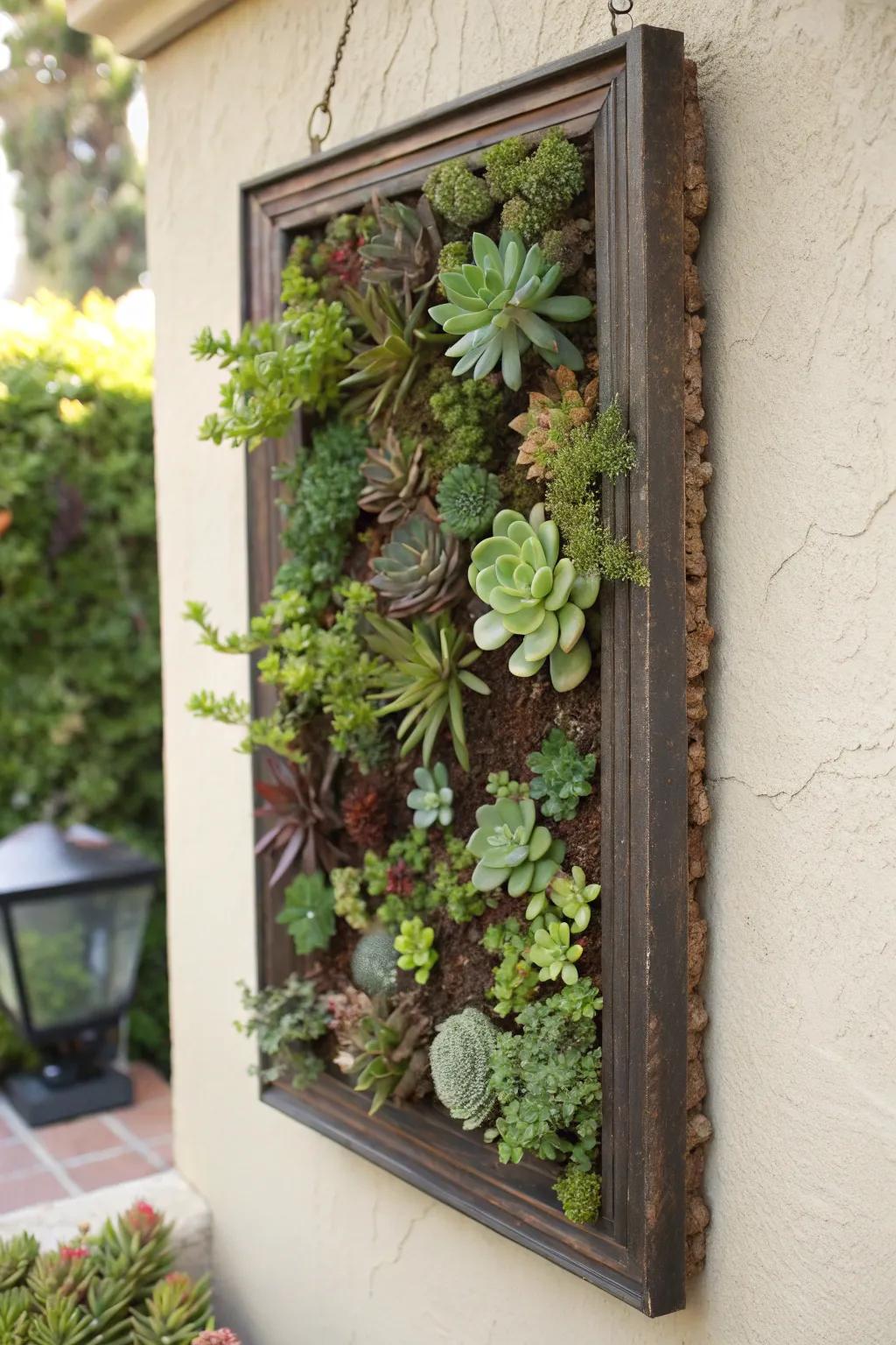 A framed garden turns a bare wall into a living art piece.
