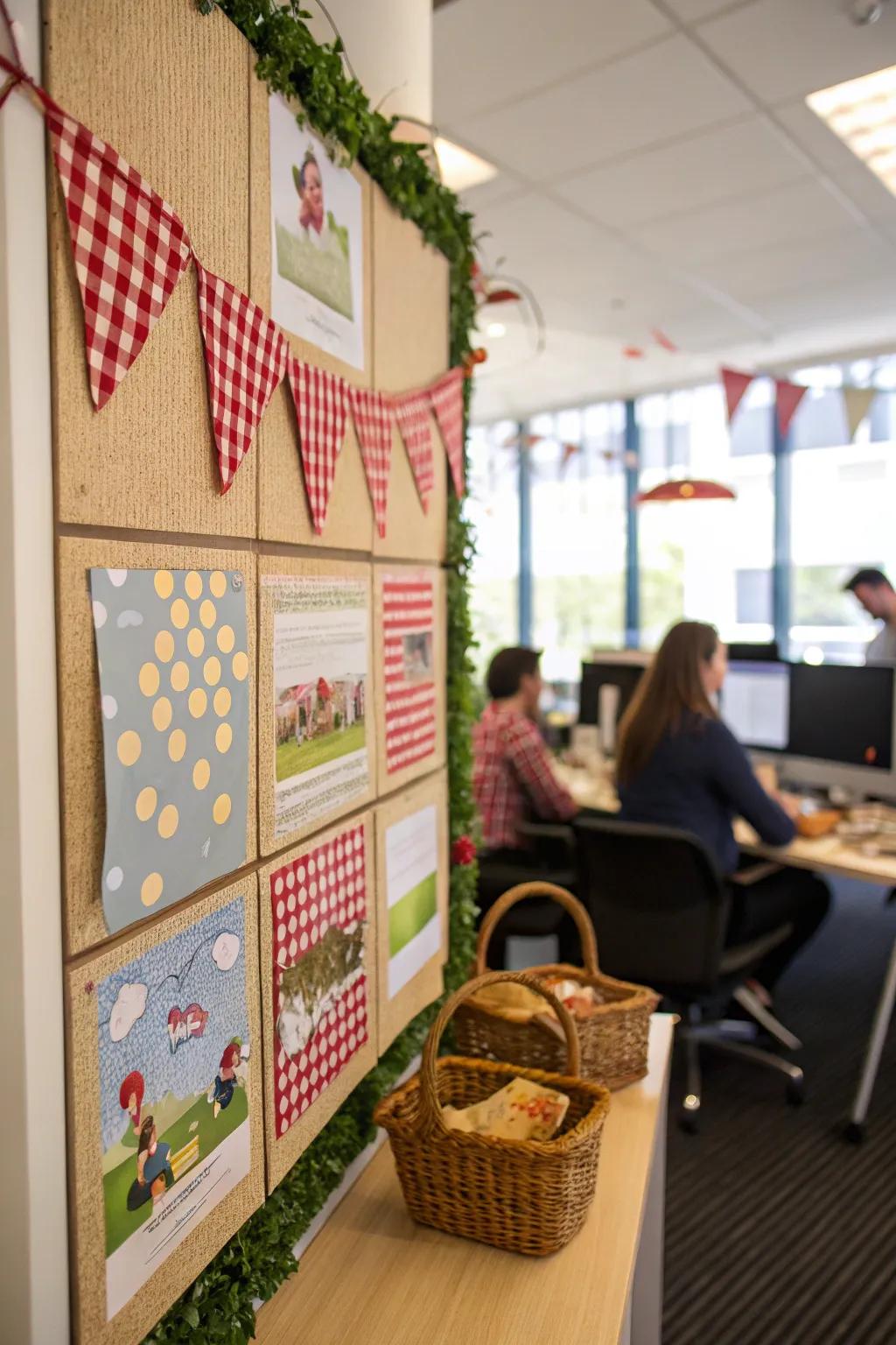 Cultivate a cozy picnic atmosphere using a board featuring checkered motifs and baskets.