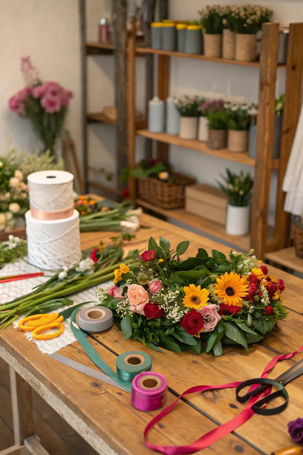 A creative flower crown station for beautiful summertime adornments.