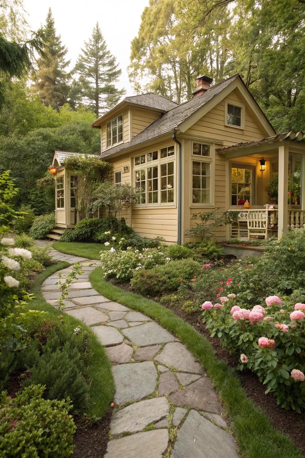 A warm sand color summer house, giving a cozy and inviting garden retreat.
