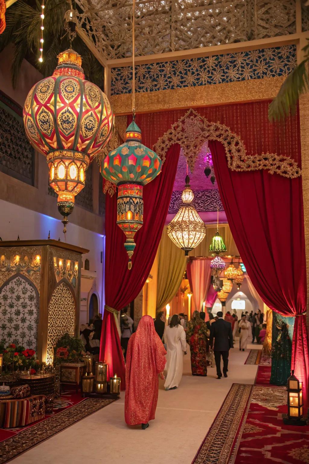 A magical Moroccan evening featuring exotic decorations and vibrant ambiance.