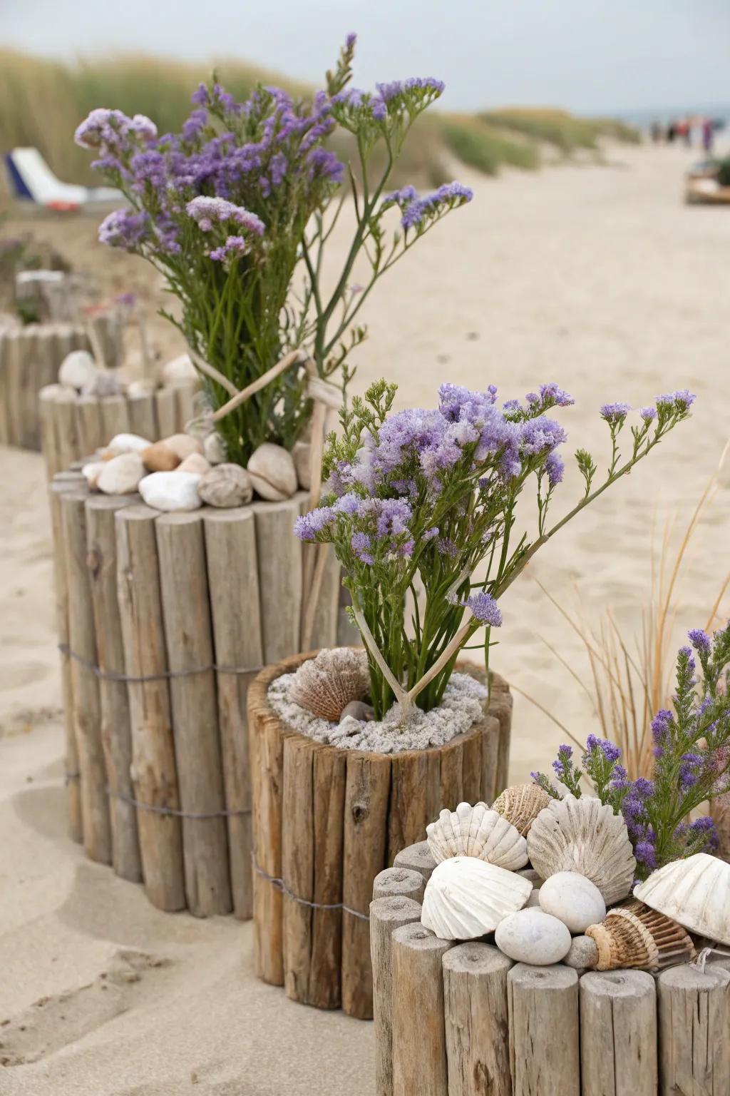 Planters featuring driftwood and shore lavender