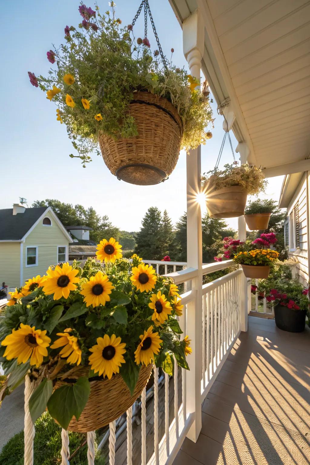 Create a whimsical atmosphere with hanging sunflower baskets.