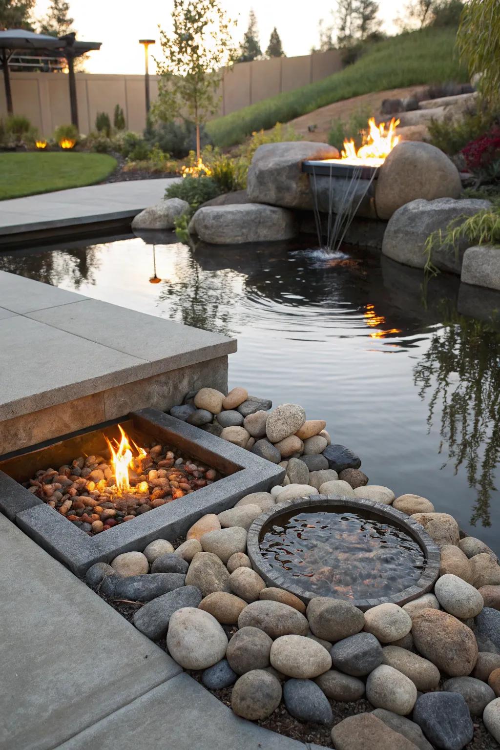 A reflective water feature enhances this recessed fire pit.