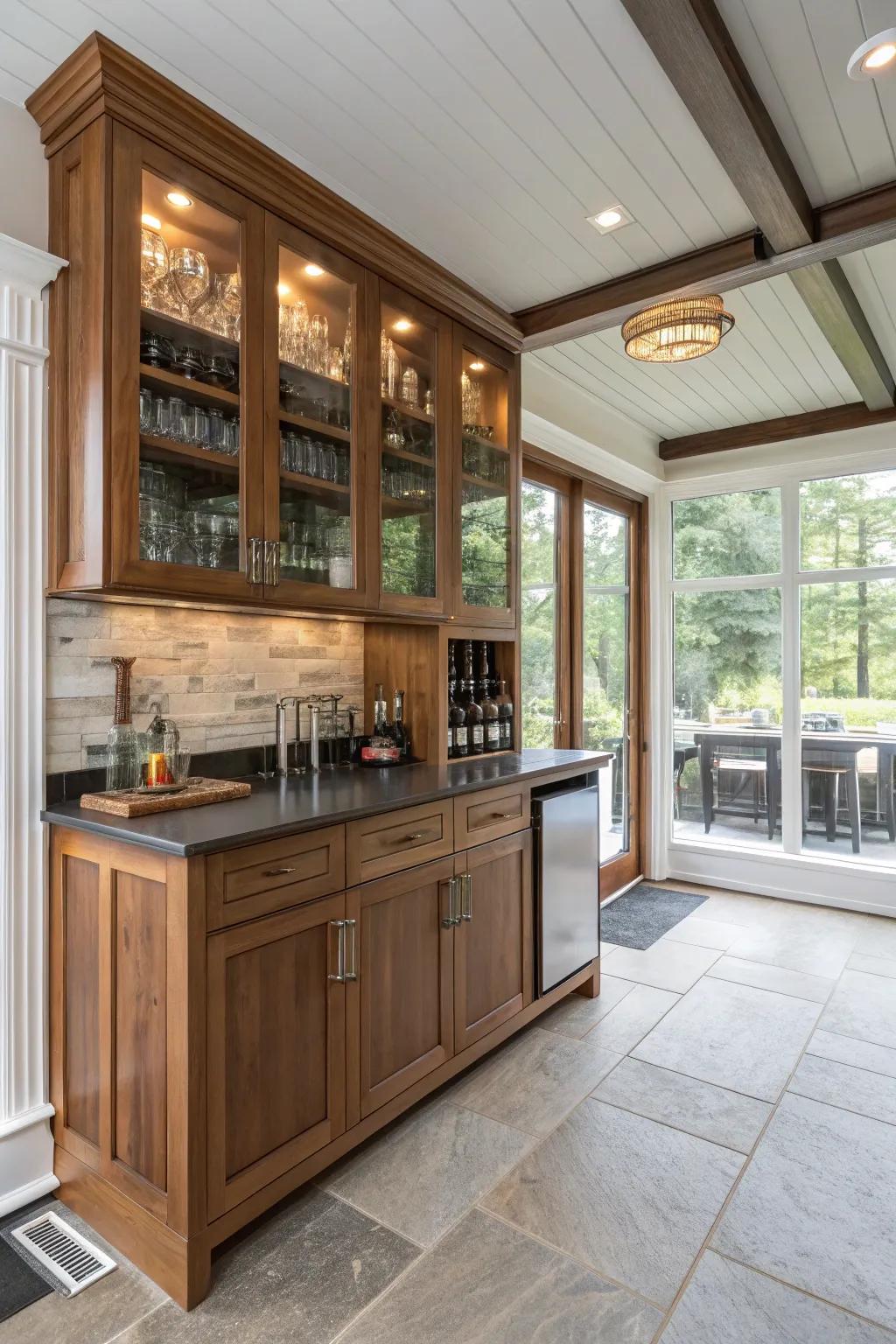 Custom cabinetry offers tailored storage and style in your sunroom bar.