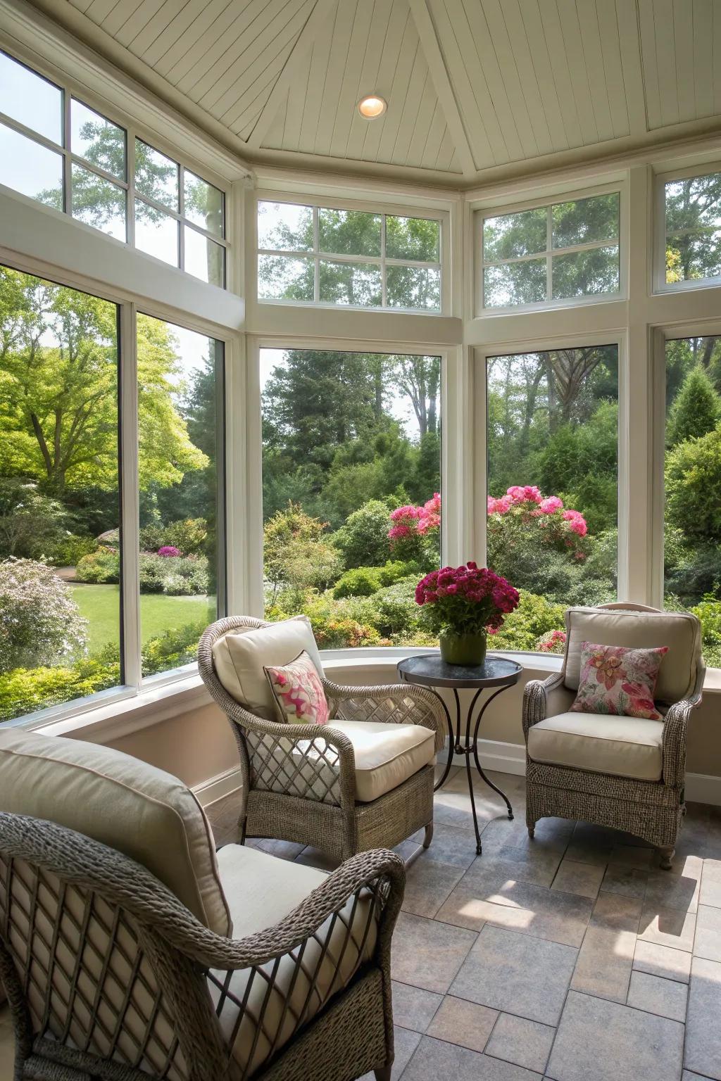Seating placed to savor outdoor views connects the sunroom with nature.