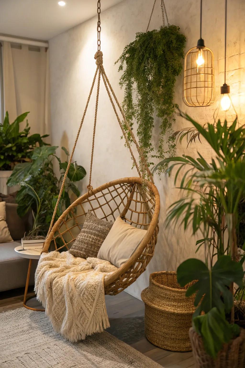 A cane swing creates a peaceful sanctuary in your home.
