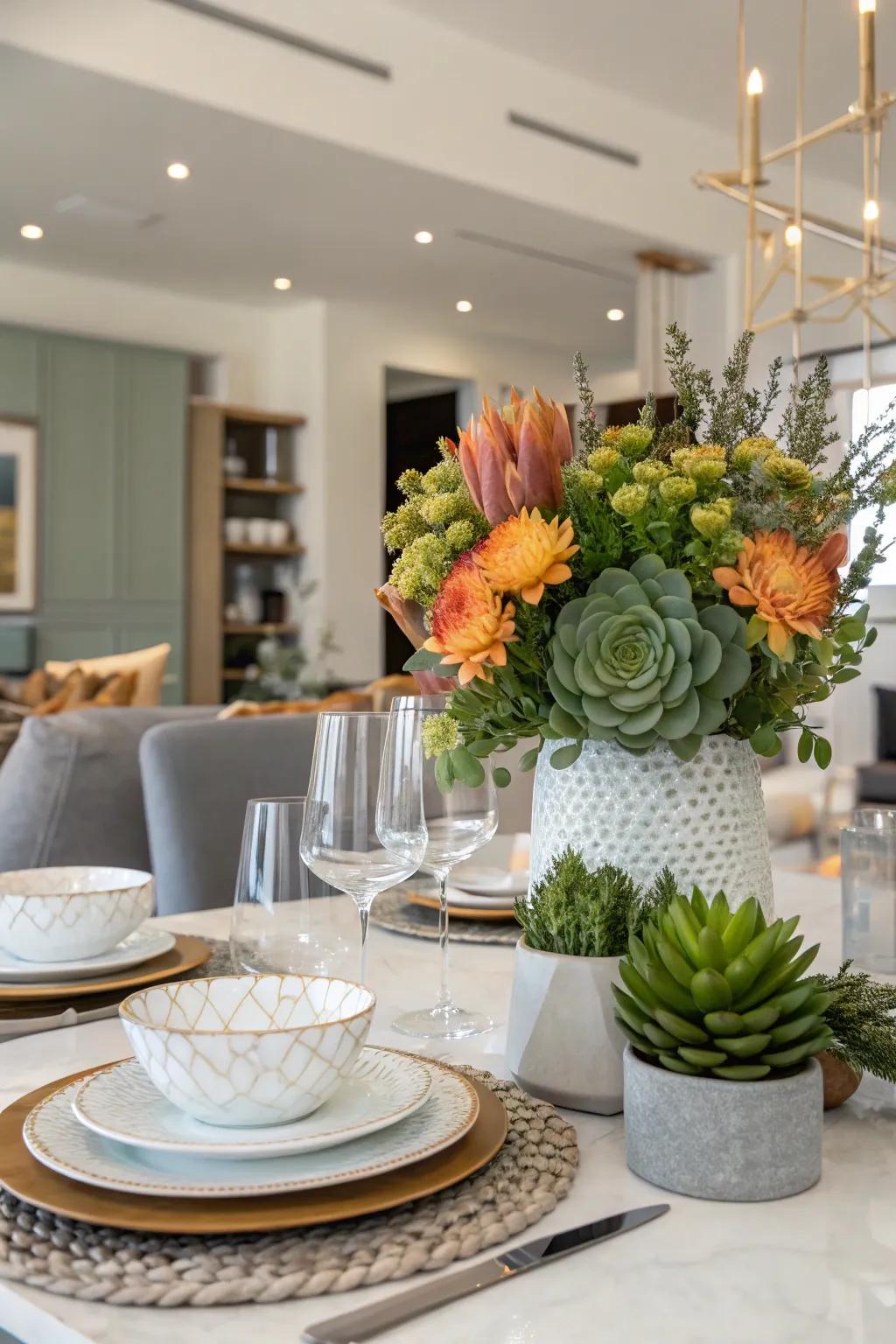 A floral and fleshy plant arrangement adds a fresh and modern touch.