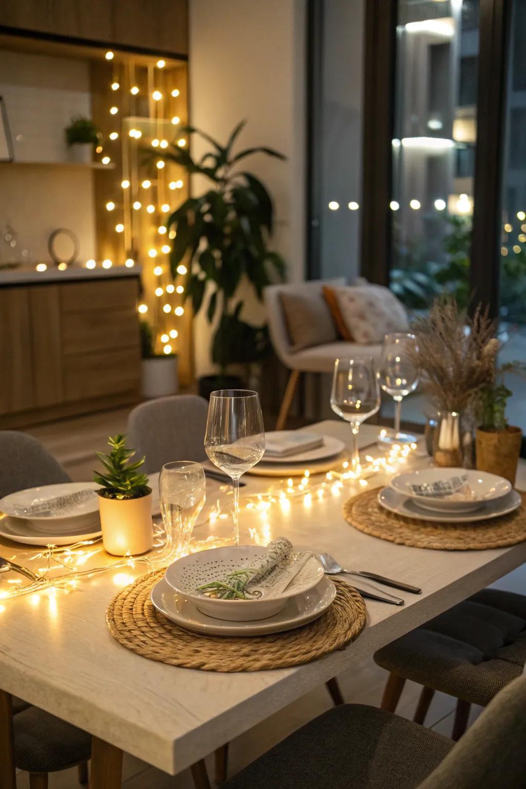 A tabletop light string brings a cozy and welcoming glow to the decor.