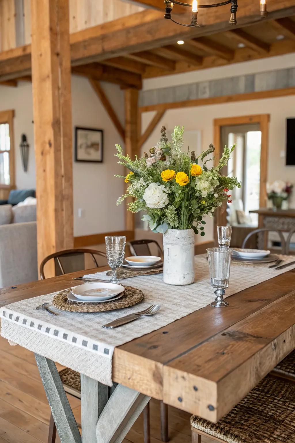 Design a cottage chic table showcasing rustic and metal elements.