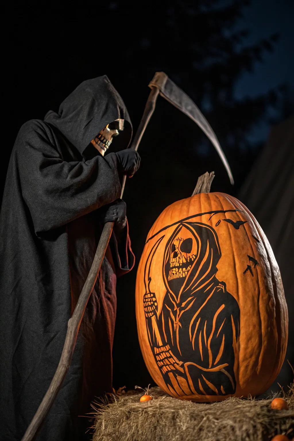 Introduce a chilling presence using a macabre harvester pumpkin design.