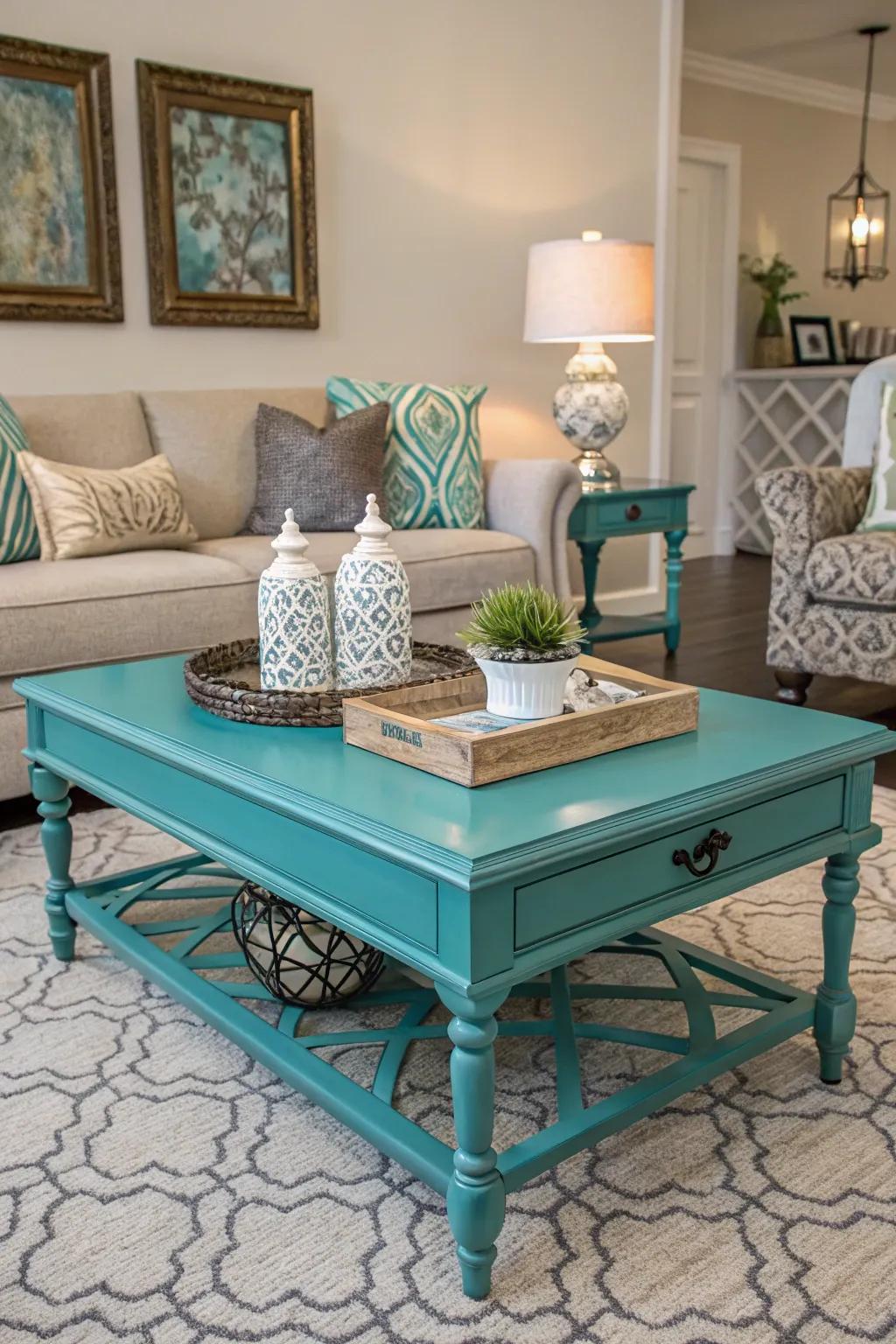 This fashionable living room is anchored by a teal coffee table.