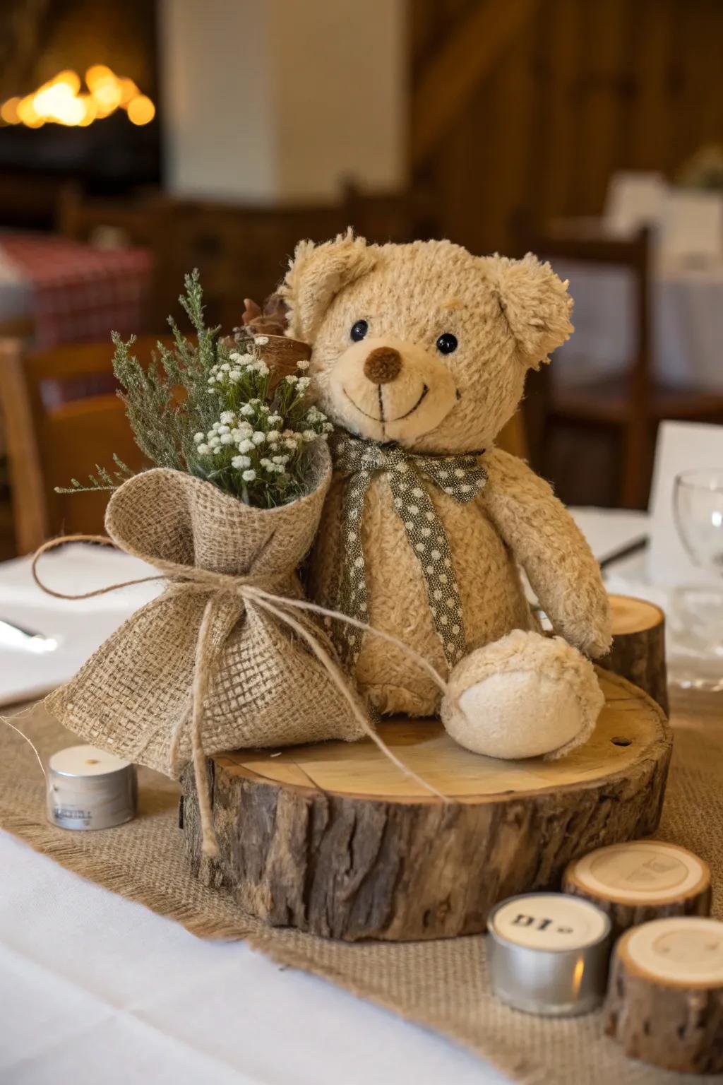 Country burlap contributes warmth to a cuddle toy centerpiece.