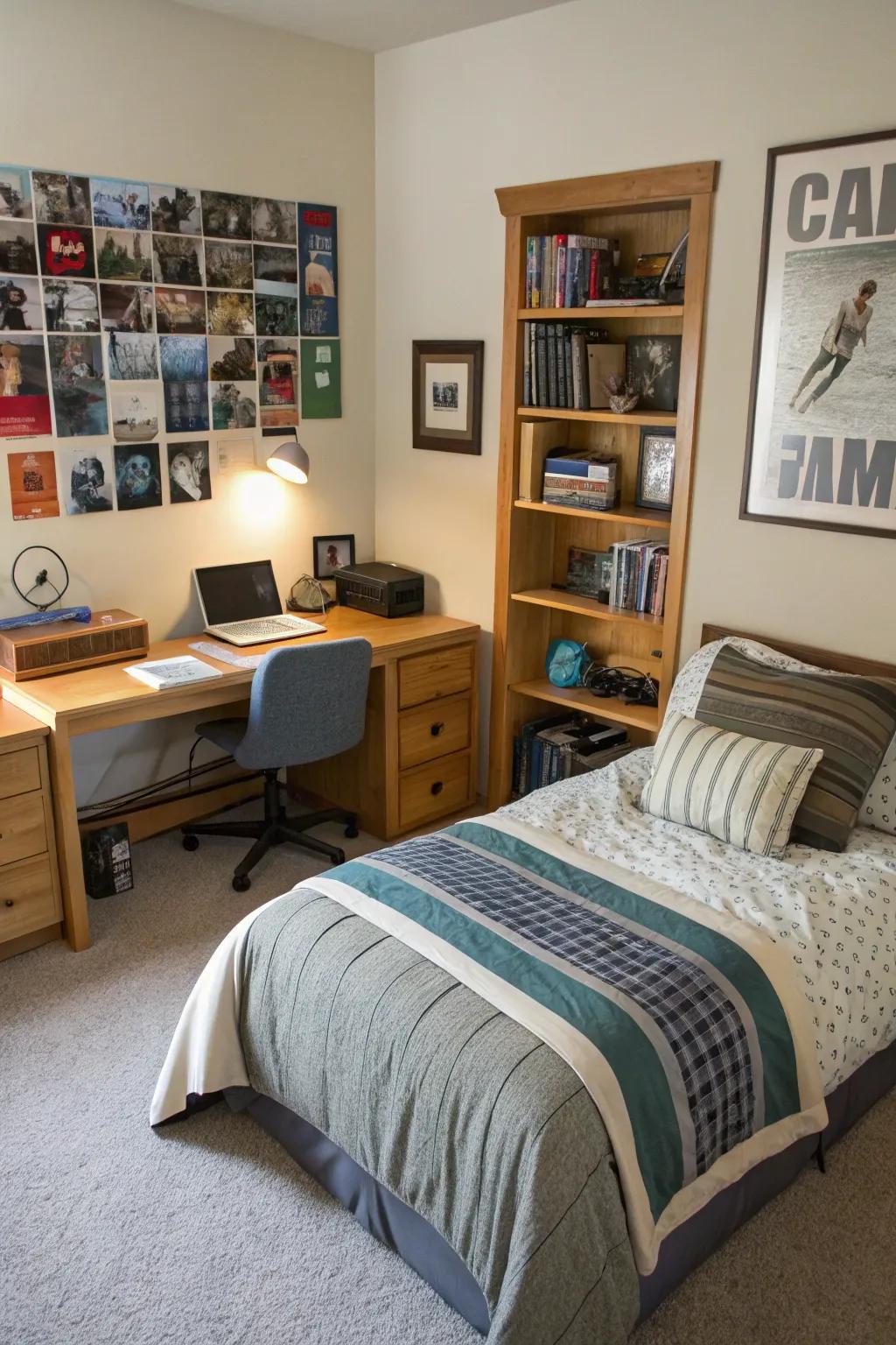 Different areas for activities in this teen boy's room that does many things.