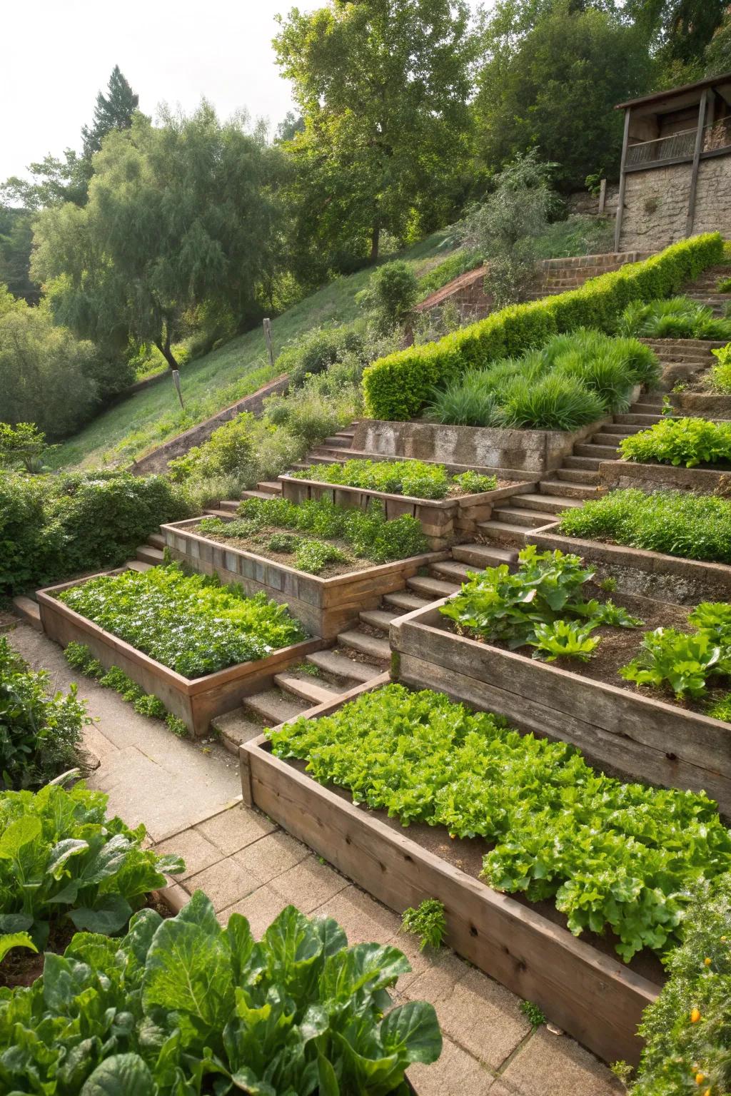 A productive vegetable garden on a terraced level, combining aesthetics with utility.
