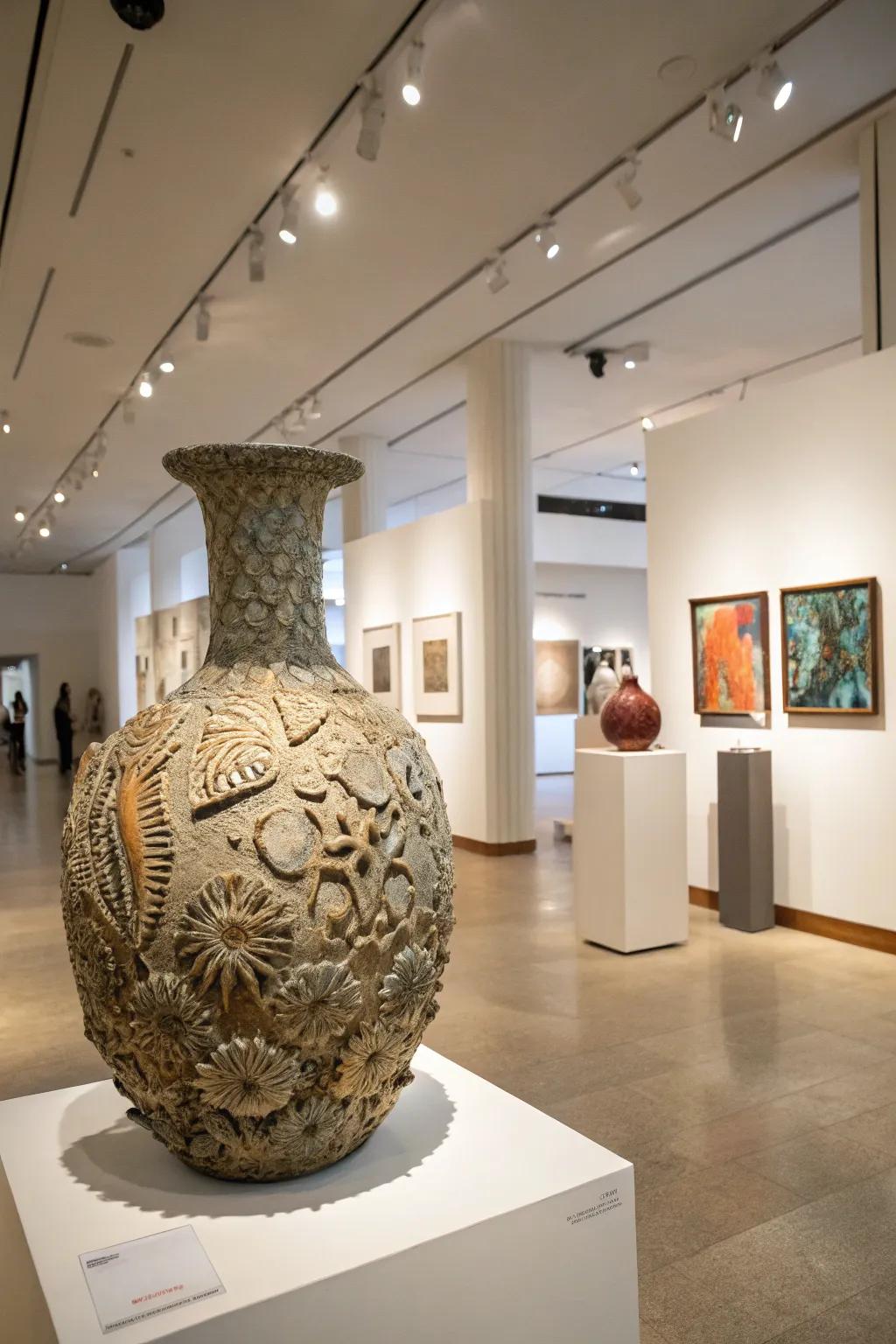 In this modern gallery, a piece of sculptural textured art demands attention.