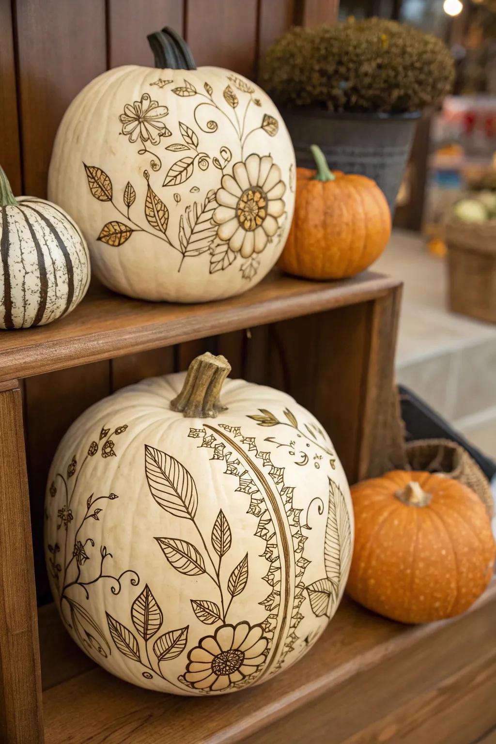 Elegant botanical pattern pumpkins incorporating artistic decor.